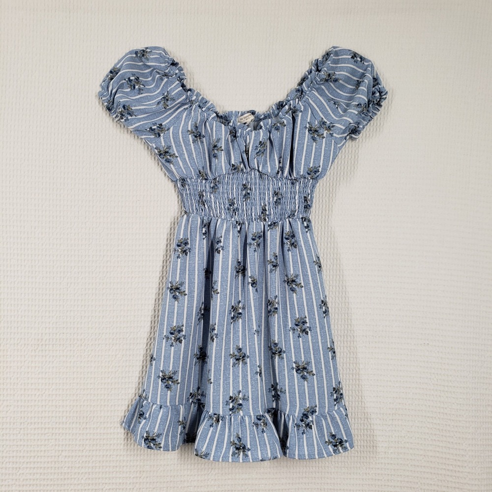 No Comment Floral Striped Dress Girls 14 Blue Smocked Puff Sleeve Cottagecore